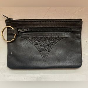 Rolfs Black Cowhide Leather Change Purse/Card Holder/Key Ring with Zip Pockets